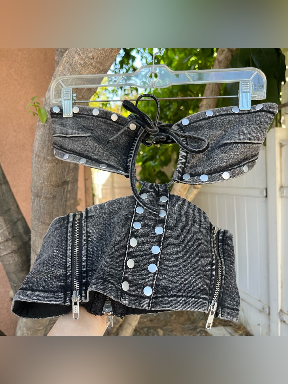Outcast Studded Denim Crop Top with Cut-Outs, and Zippers .